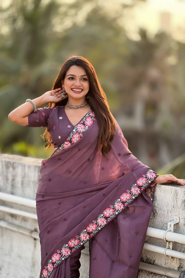 Wine Floral Embroidered Silk Saree
