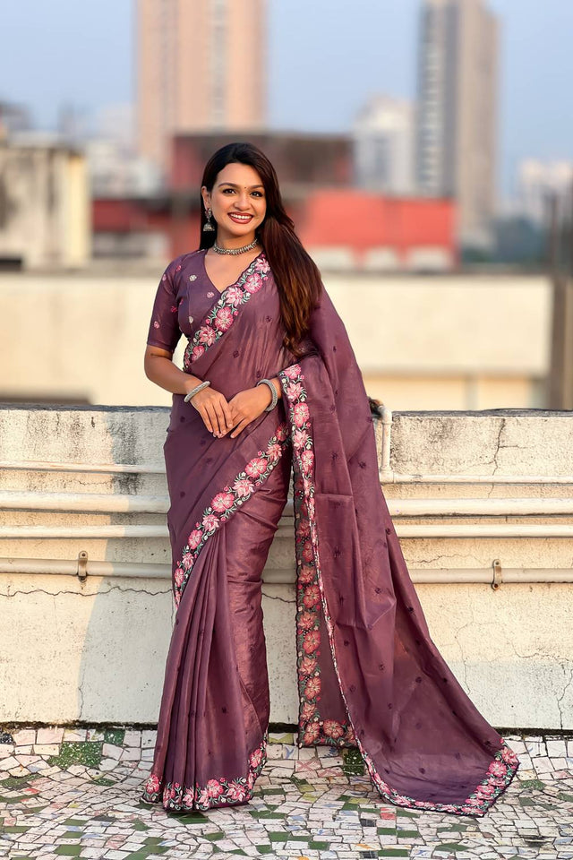Wine Floral Embroidered Silk Saree