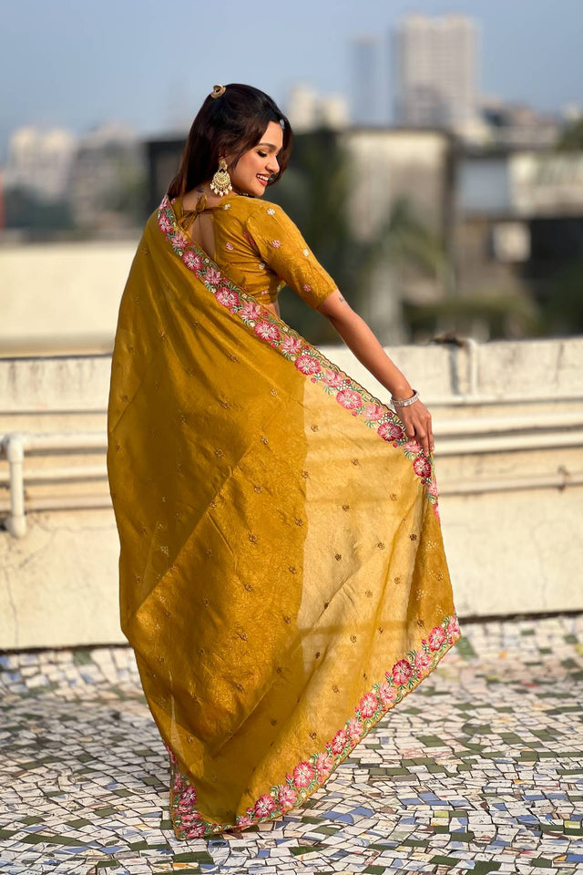 Mustard Floral Embroidered Silk Saree