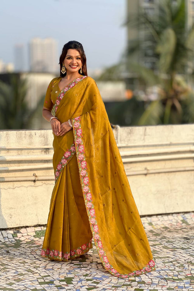 Mustard Floral Embroidered Silk Saree