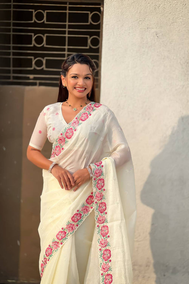 White Floral Embroidered Silk Saree