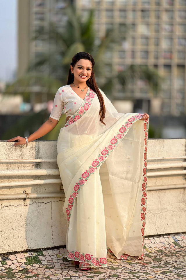 White Floral Embroidered Silk Saree