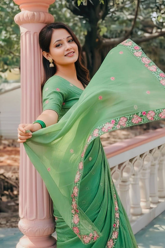Green Floral Embroidered Silk Saree