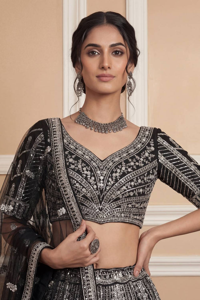 Black Sequin with Embroidered Net Lehenga