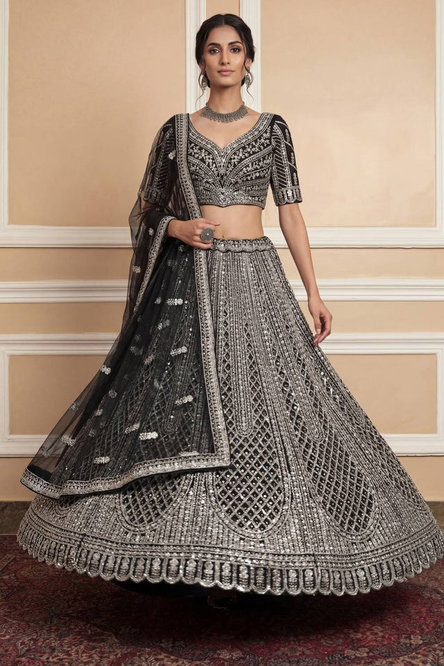 Black Sequin with Embroidered Net Lehenga