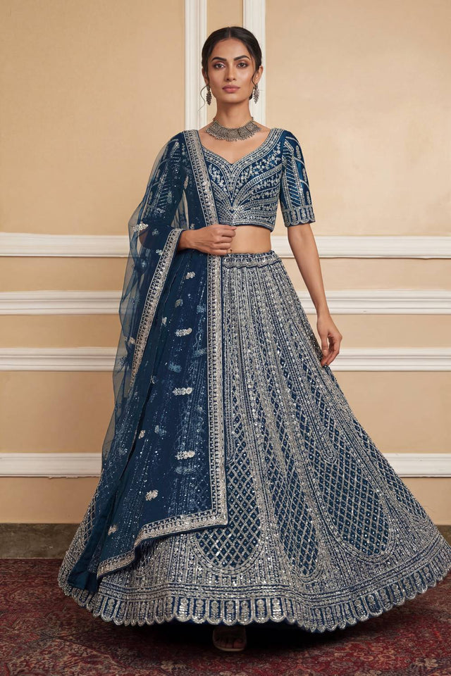 Turquoise Sequin with Embroidered Net Lehenga