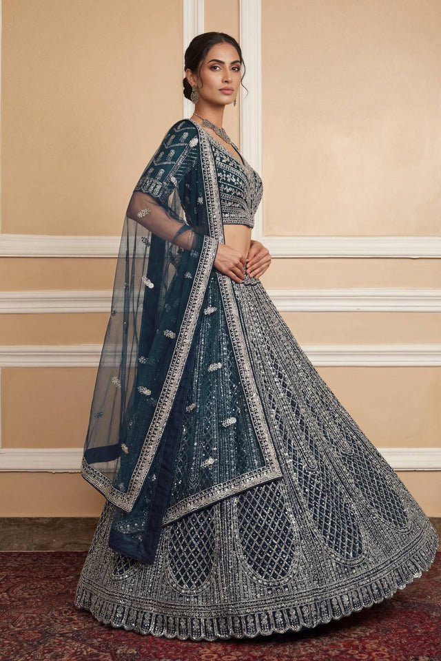 Turquoise Sequin with Embroidered Net Lehenga