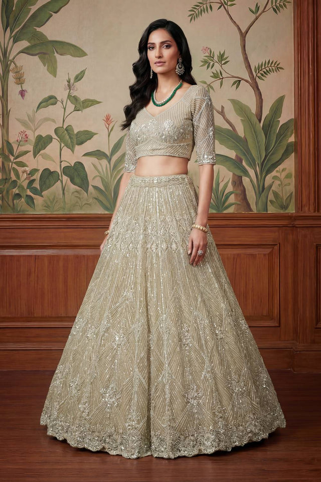 Beige Sequin with Embroidered Net Lehenga