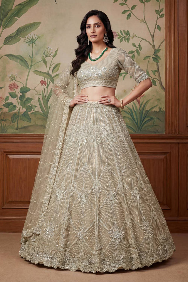 Beige Sequin with Embroidered Net Lehenga