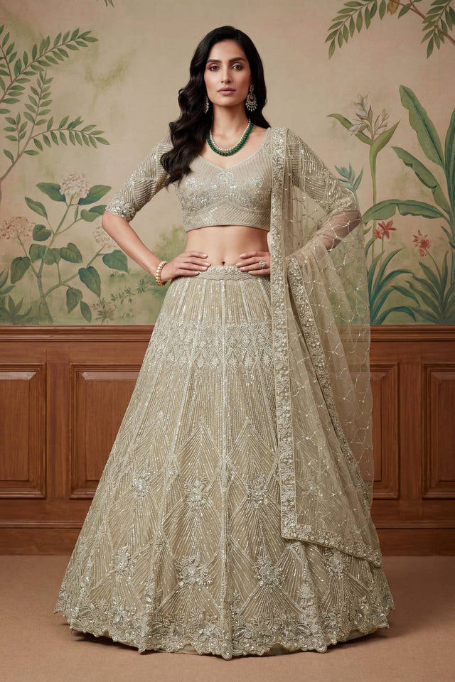 Beige Sequin with Embroidered Net Lehenga
