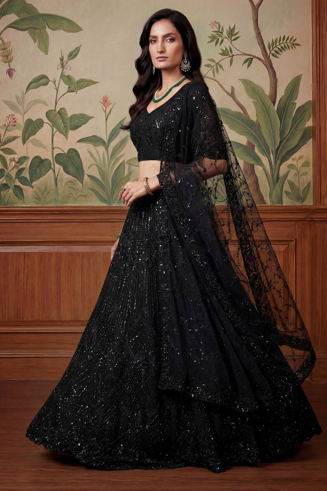 Black Sequin with Embroidered Net Lehenga