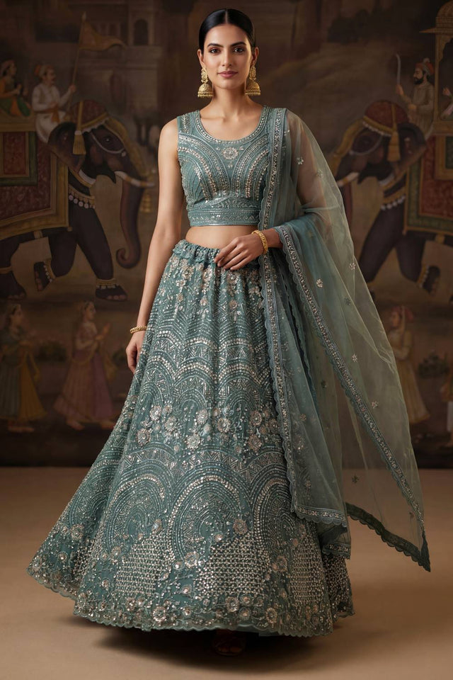 Green Sequin with Embroidered Net Lehenga