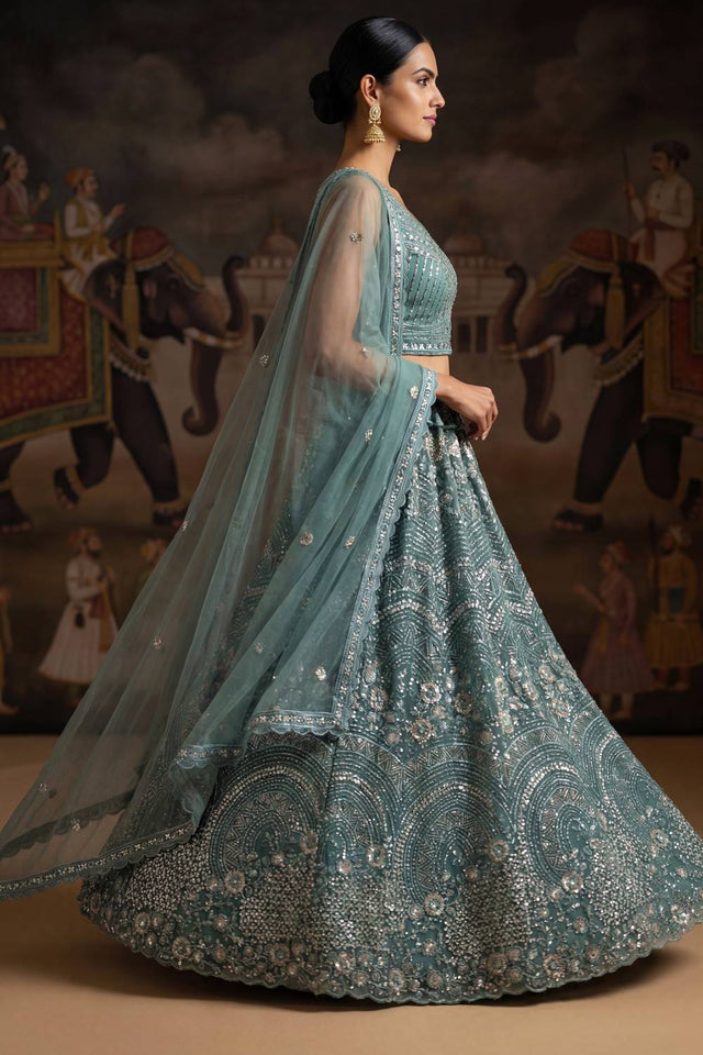 Green Sequin with Embroidered Net Lehenga