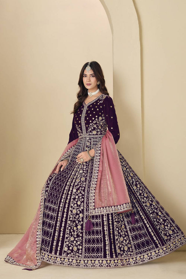 Wine Floral Embroidered Velvet Gown