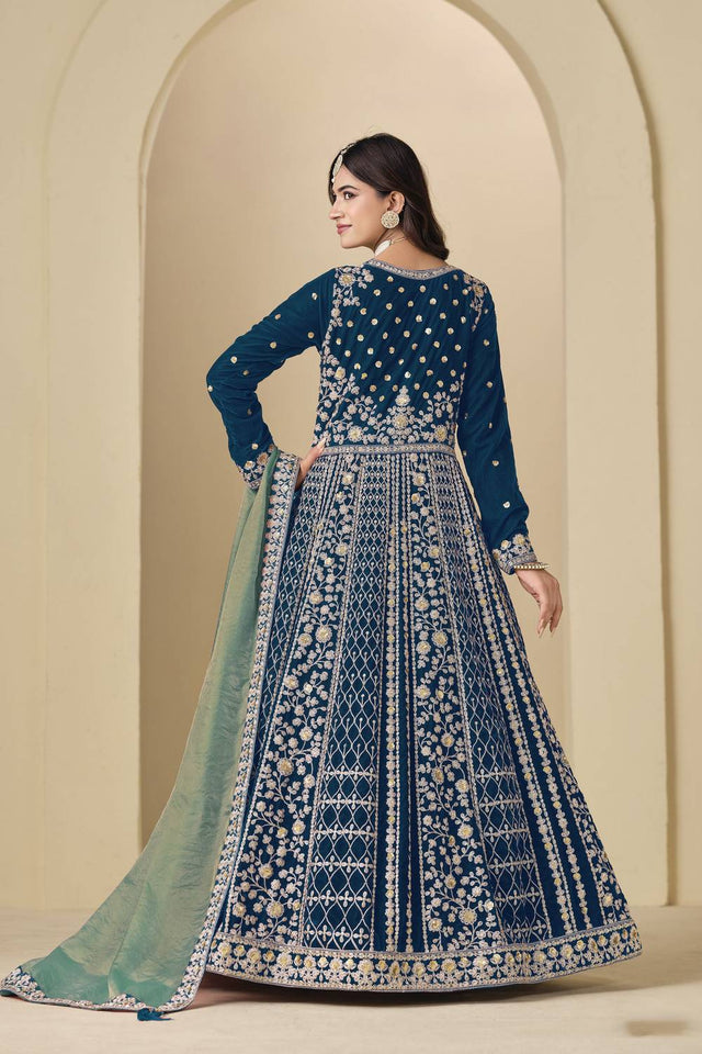 Turquoise Floral Embroidered Velvet Gown