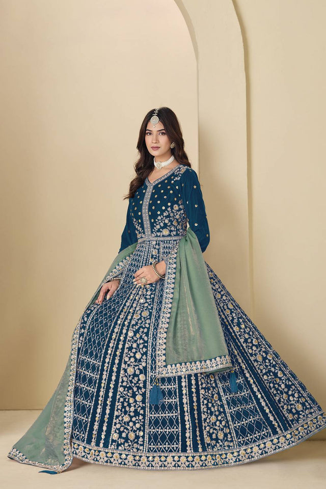 Turquoise Floral Embroidered Velvet Gown