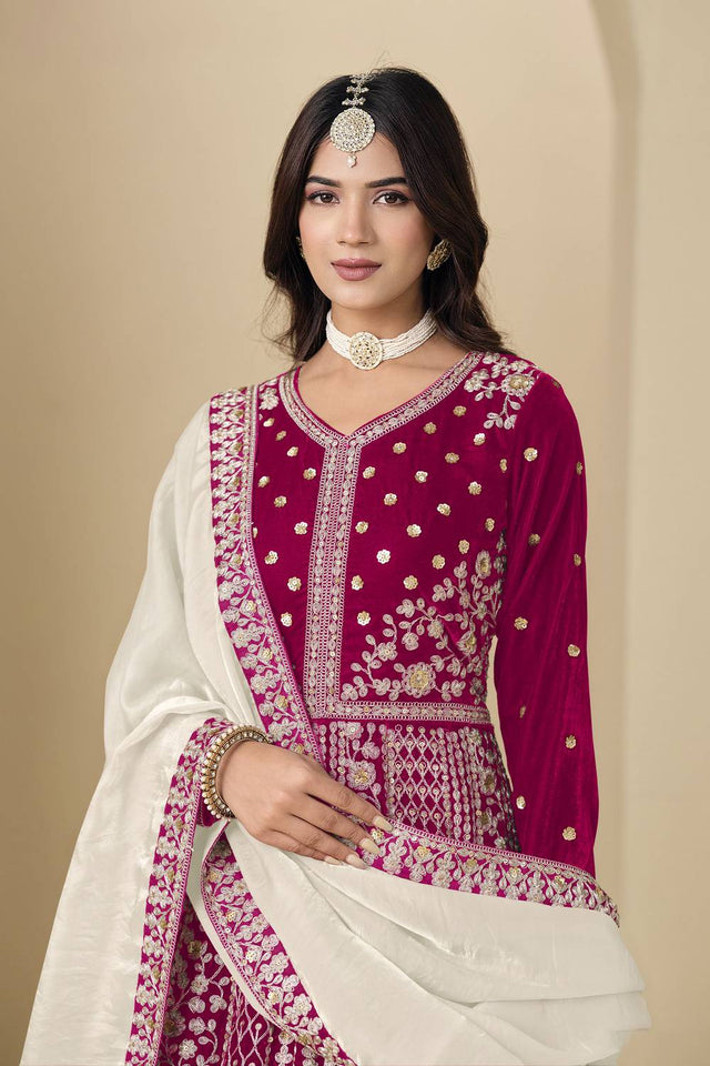 Pink Floral Embroidered Velvet Gown