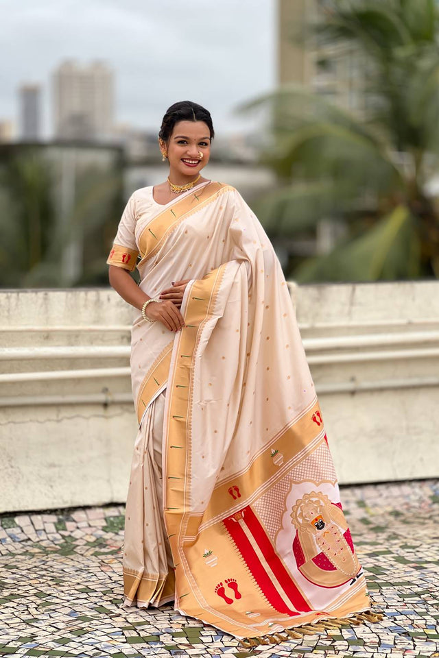 Cream Paithani Woven Silk Saree