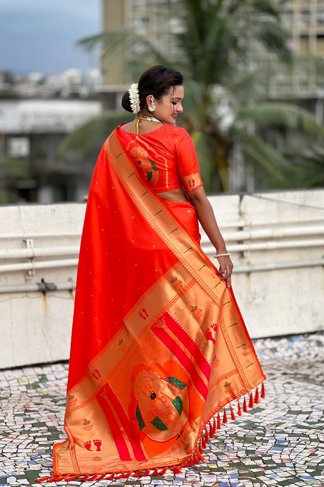 Orange Paithani Woven Silk Saree
