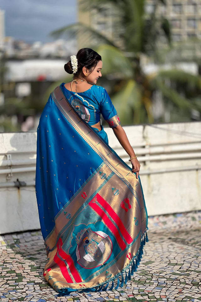 Turquoise Paithani Woven Silk Saree