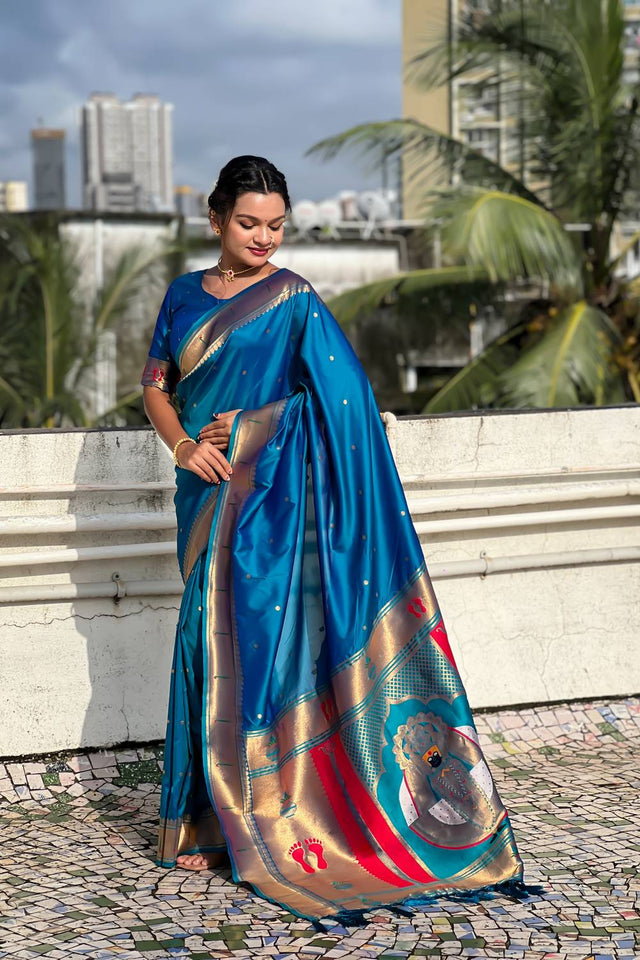 Turquoise Paithani Woven Silk Saree