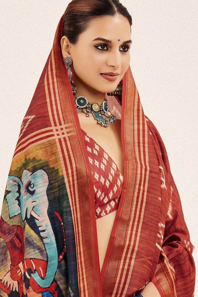 Rust Digital Printed Silk Saree