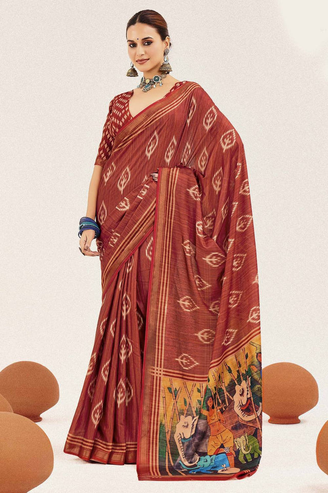 Rust Digital Printed Silk Saree