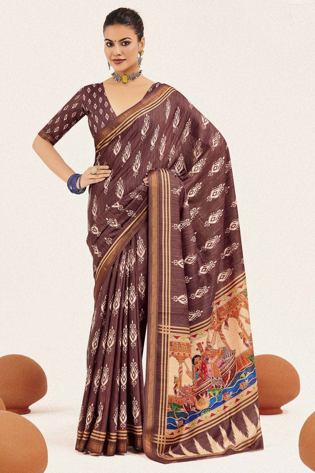 Brown Digital Printed Silk Saree