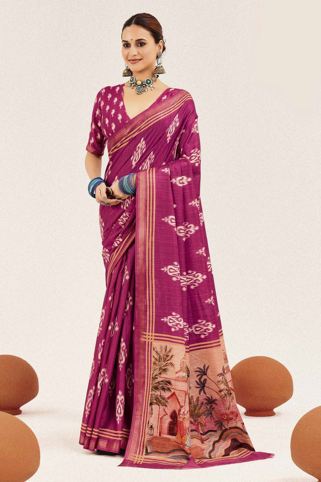 Pink Digital Printed Silk Saree