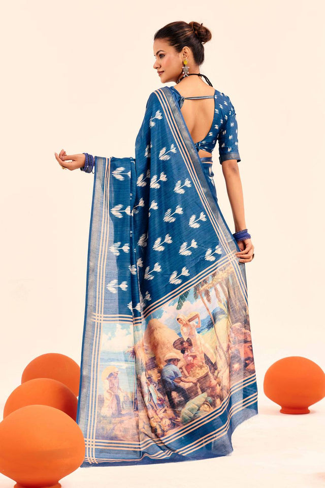 Blue Digital Printed Silk Saree