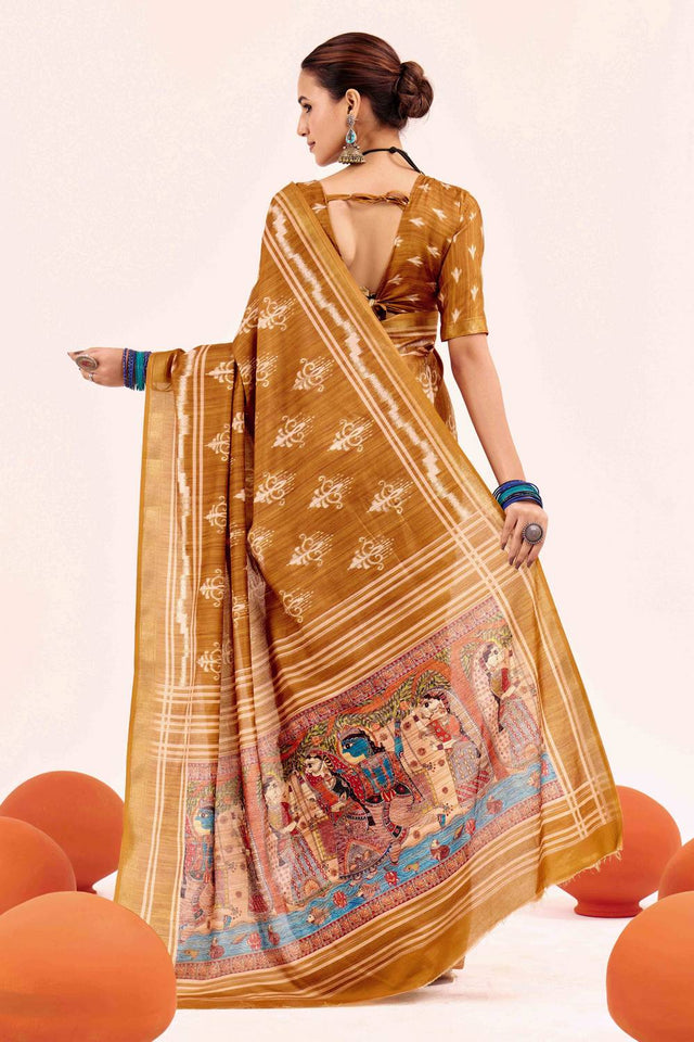 Mustard Digital Printed Silk Saree