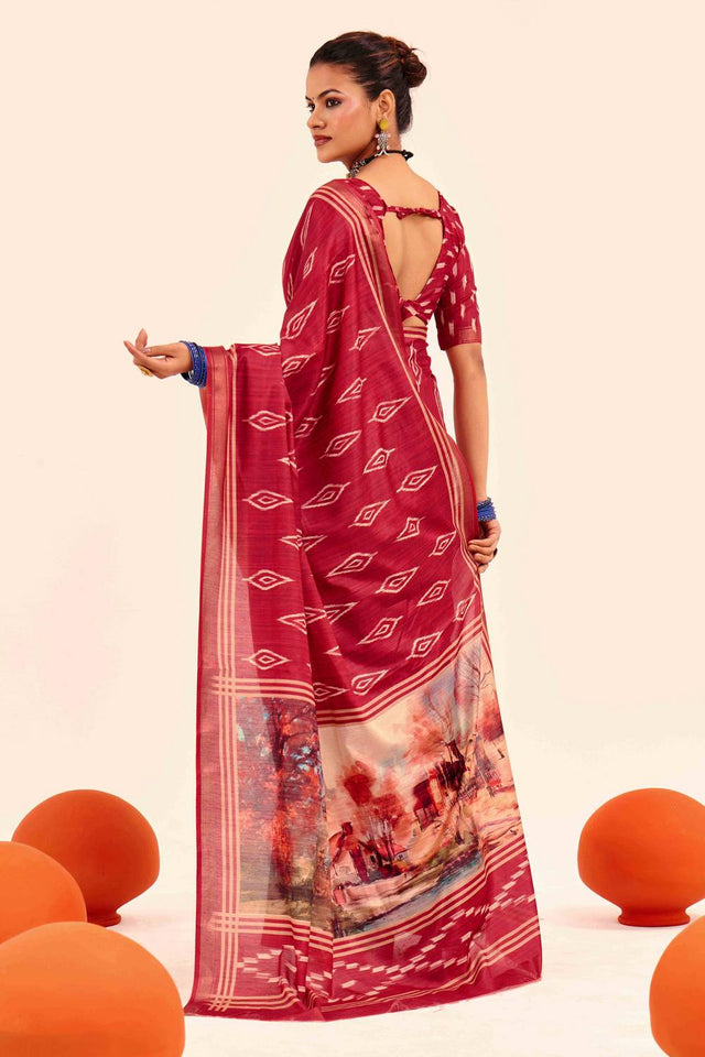 Magenta Digital Printed Silk Saree