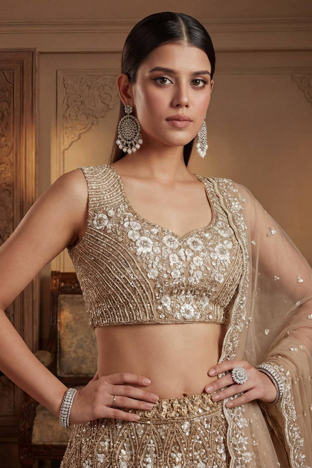 Gold Sequin with Embroidered Net Lehenga