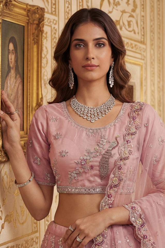 Peach Sequin with Embroidered Net Lehenga