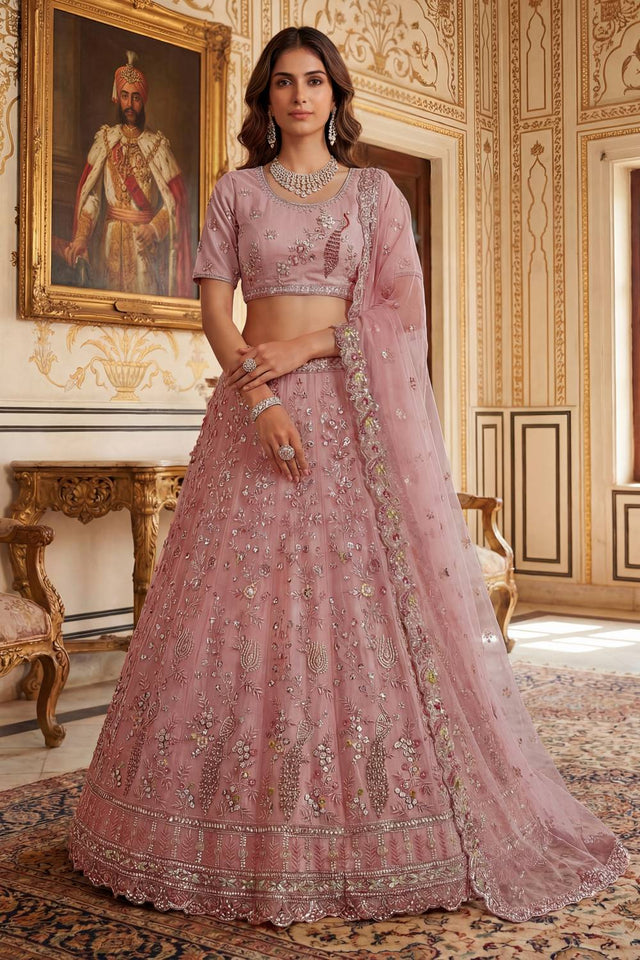 Peach Sequin with Embroidered Net Lehenga