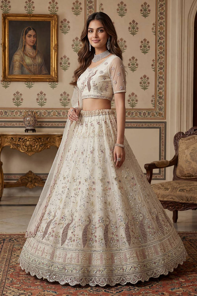 White Sequin with Embroidered Net Lehenga