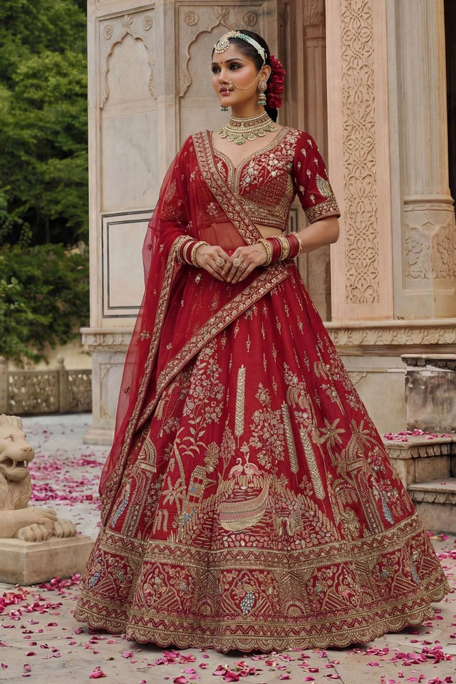 Red Sequin with Embroidered Silk Lehenga
