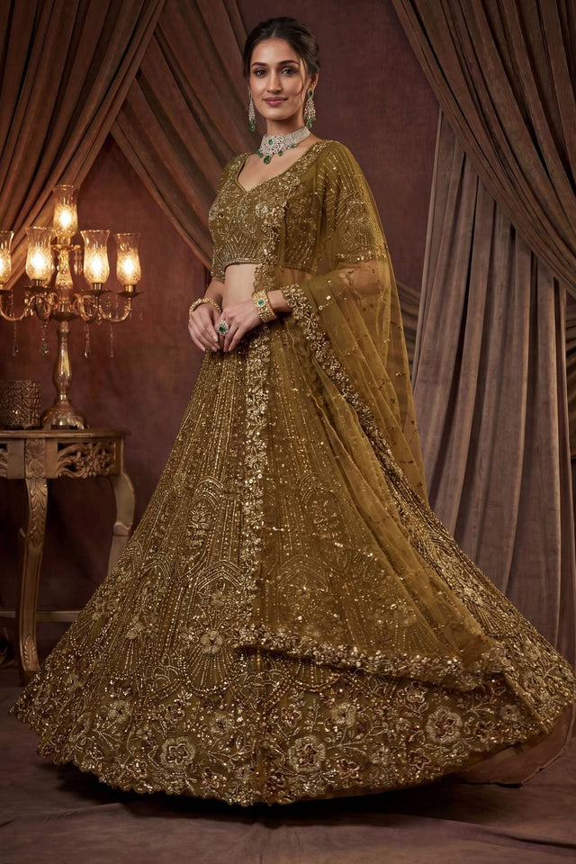 Mustard Sequin with Embroidered Satin Lehenga