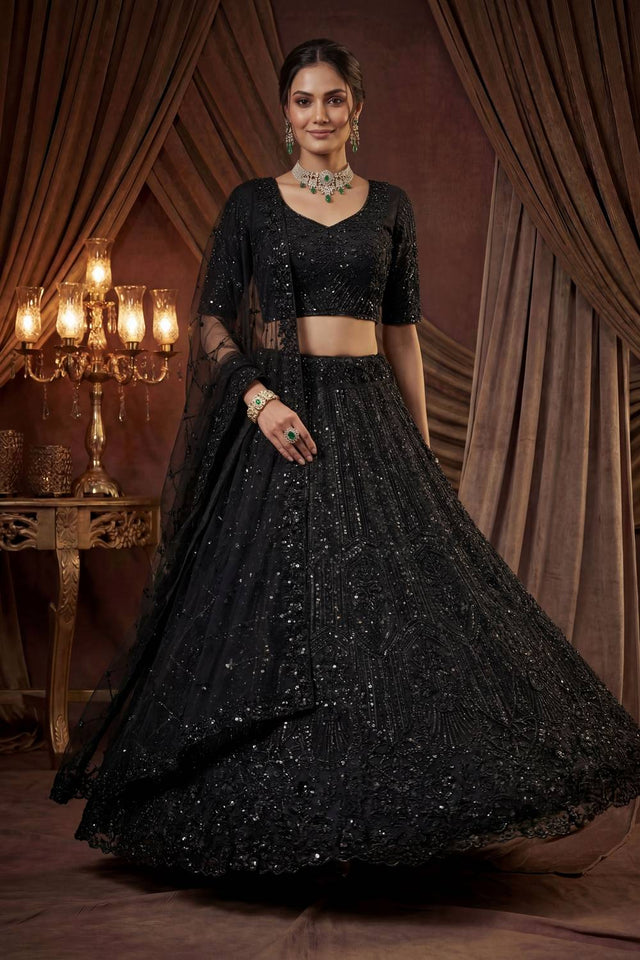 Black Sequin with Embroidered Satin Lehenga