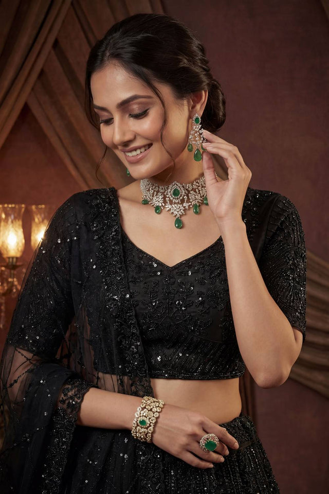 Black Sequin with Embroidered Satin Lehenga