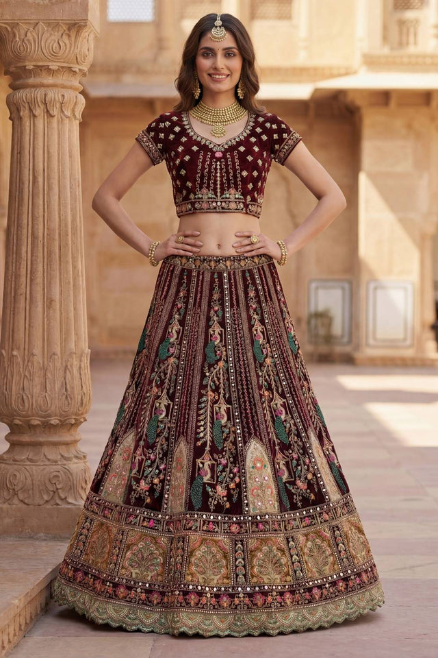 Maroon Sequin with Embroidered Silk Lehenga