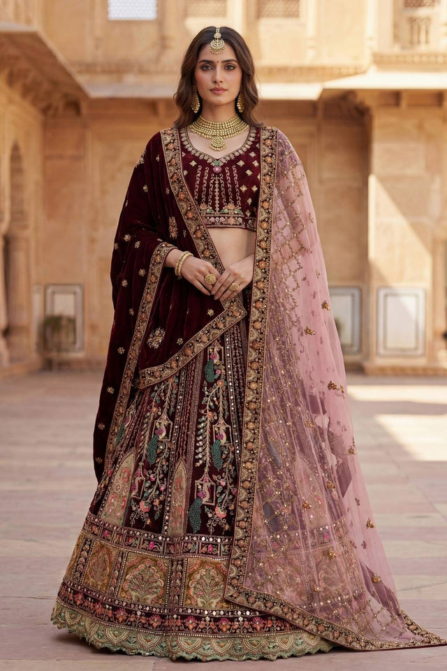 Maroon Sequin with Embroidered Silk Lehenga