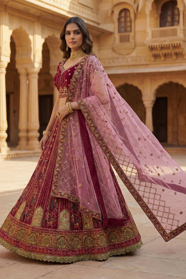 Pink Sequin with Embroidered Silk Lehenga