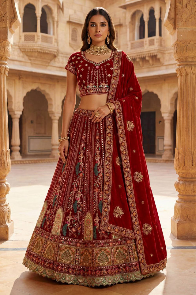 Red Sequin with Embroidered Silk Lehenga