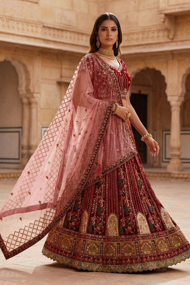 Red Sequin with Embroidered Silk Lehenga