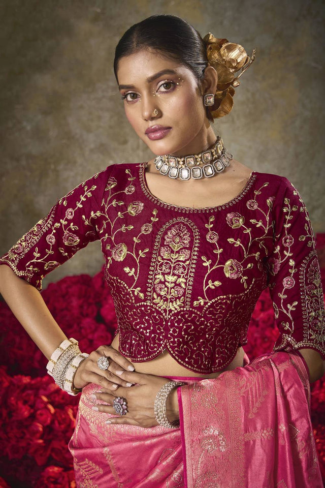 Pink Woven Silk Saree