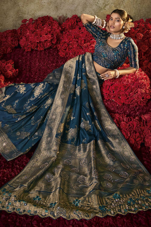 Turquoise Woven Silk Saree