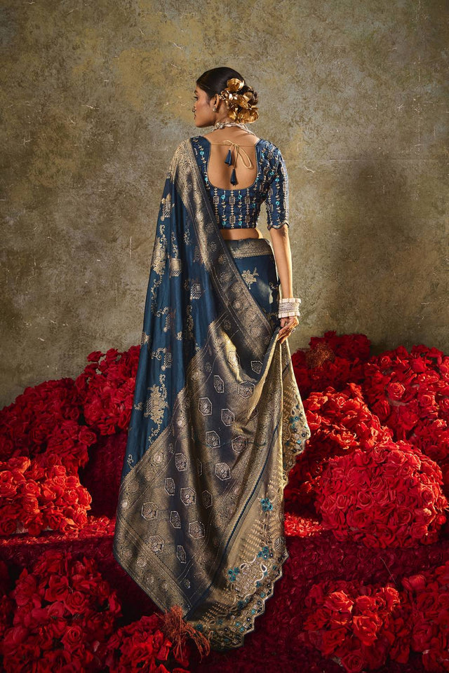 Turquoise Woven Silk Saree