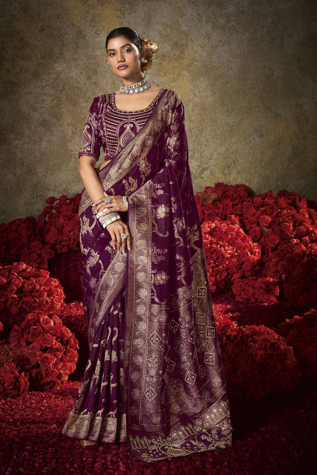 Wine Woven Silk Saree