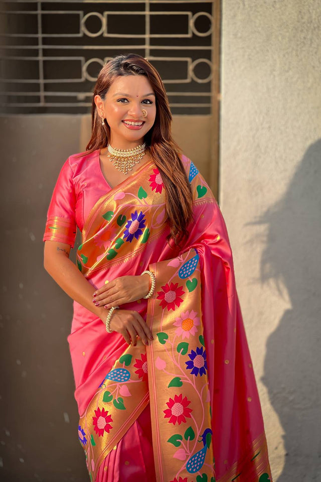 Light Pink Woven Paithani Silk Saree